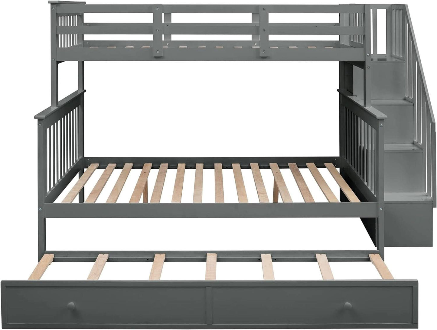 Twin Over Full Bunk Bed With Trundle Storage Shelves Grey