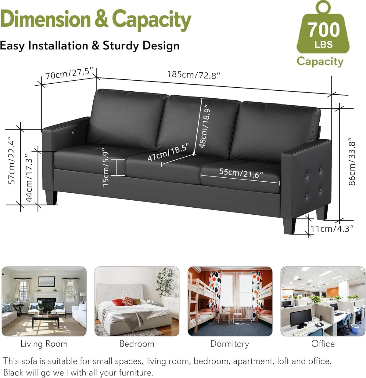 Black Seventy ThreeInch Three Seater Sofa For Living Room