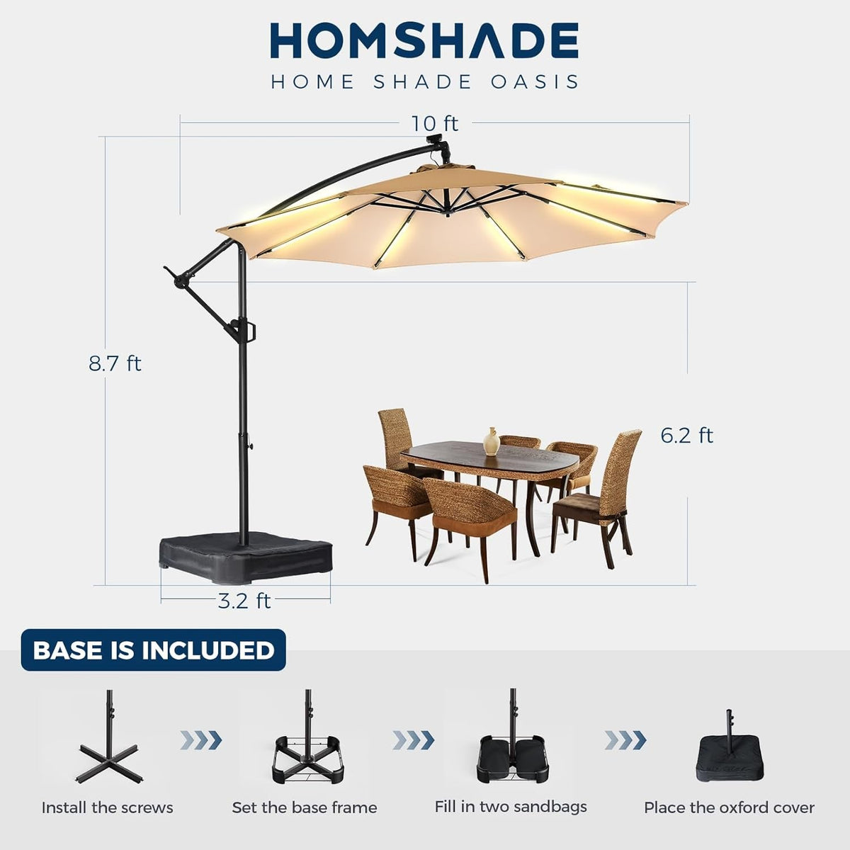 10Ft Offset Patio Umbrella Weatherproof LED Lights