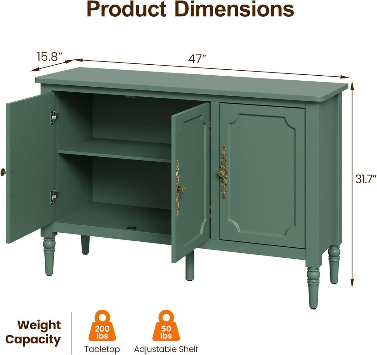 Forest Green Buffet Sideboard With Adjustable Shelves