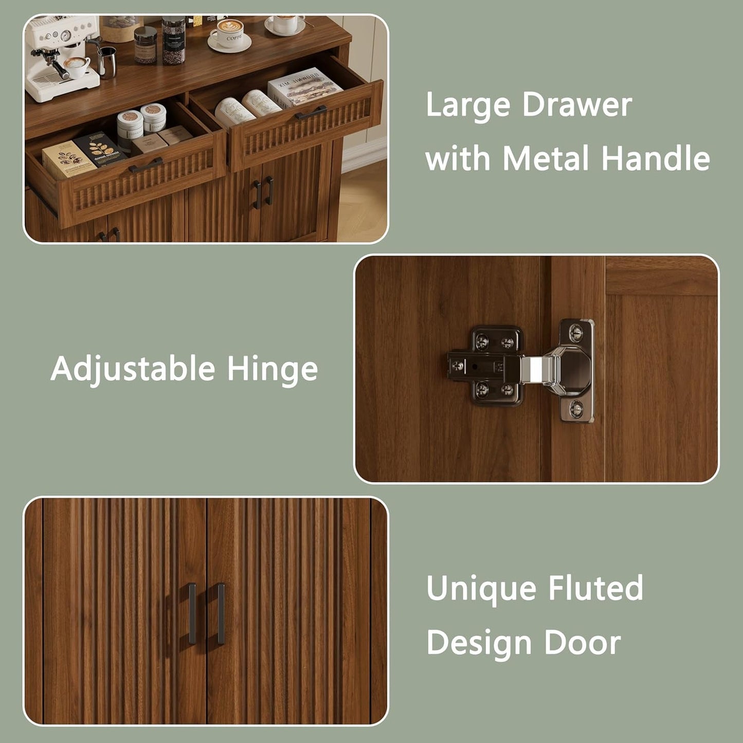 Farmhouse Fluted Walnut Sideboard Cabinet With Drawers