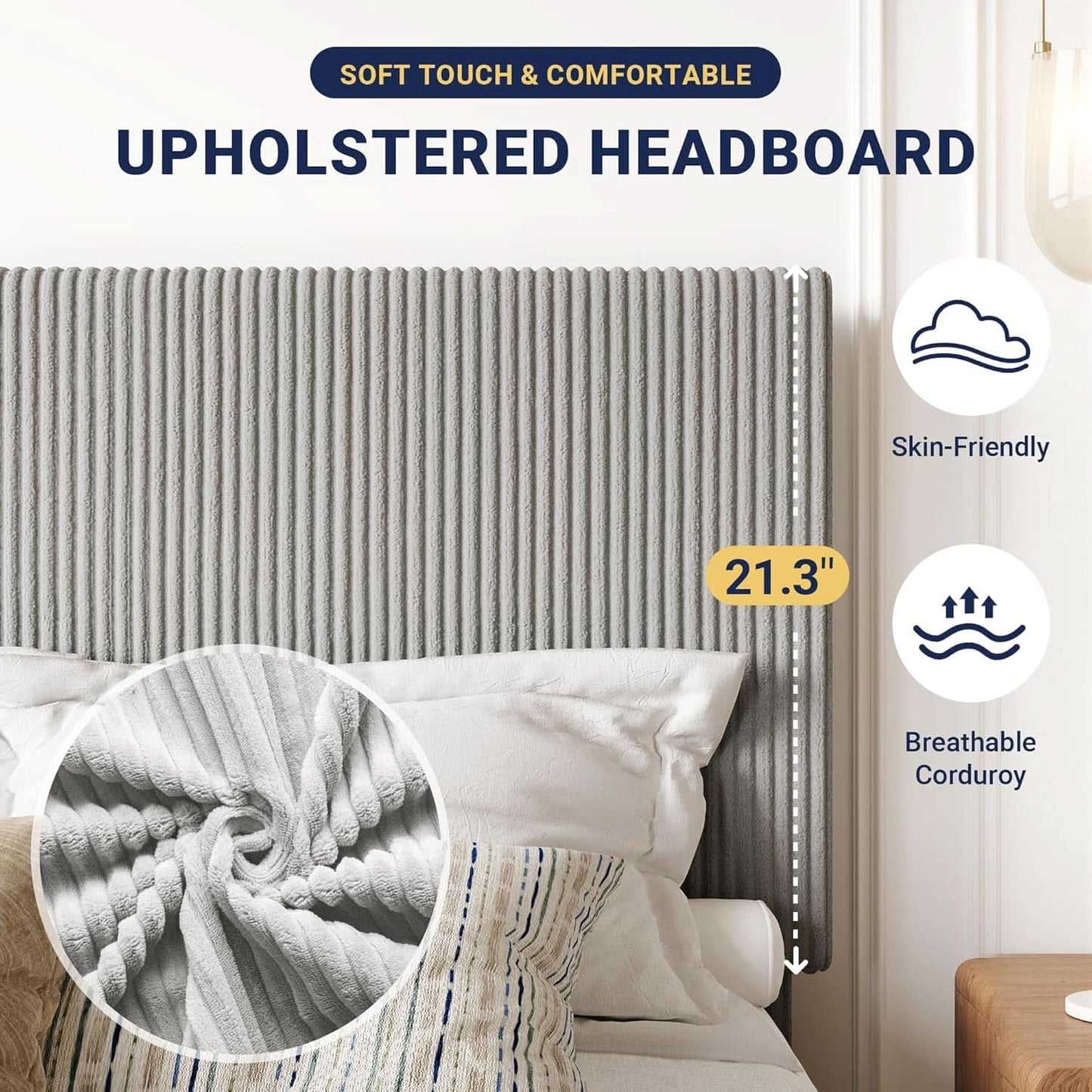 Full Size Corduroy Upholstered Bed Frame Head board