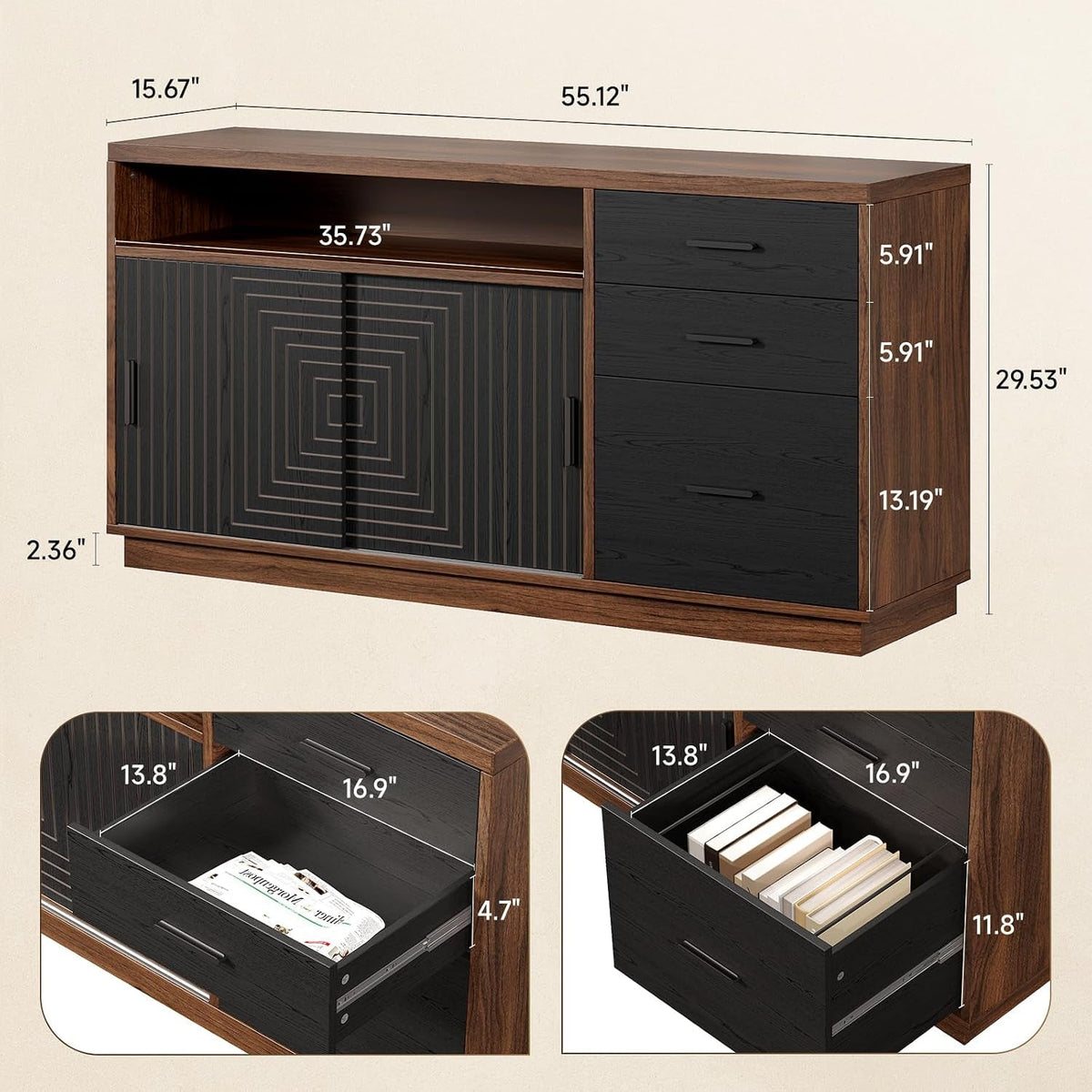 Fifty Five Inch Walnut Sturdy File Cabinet With Drawers