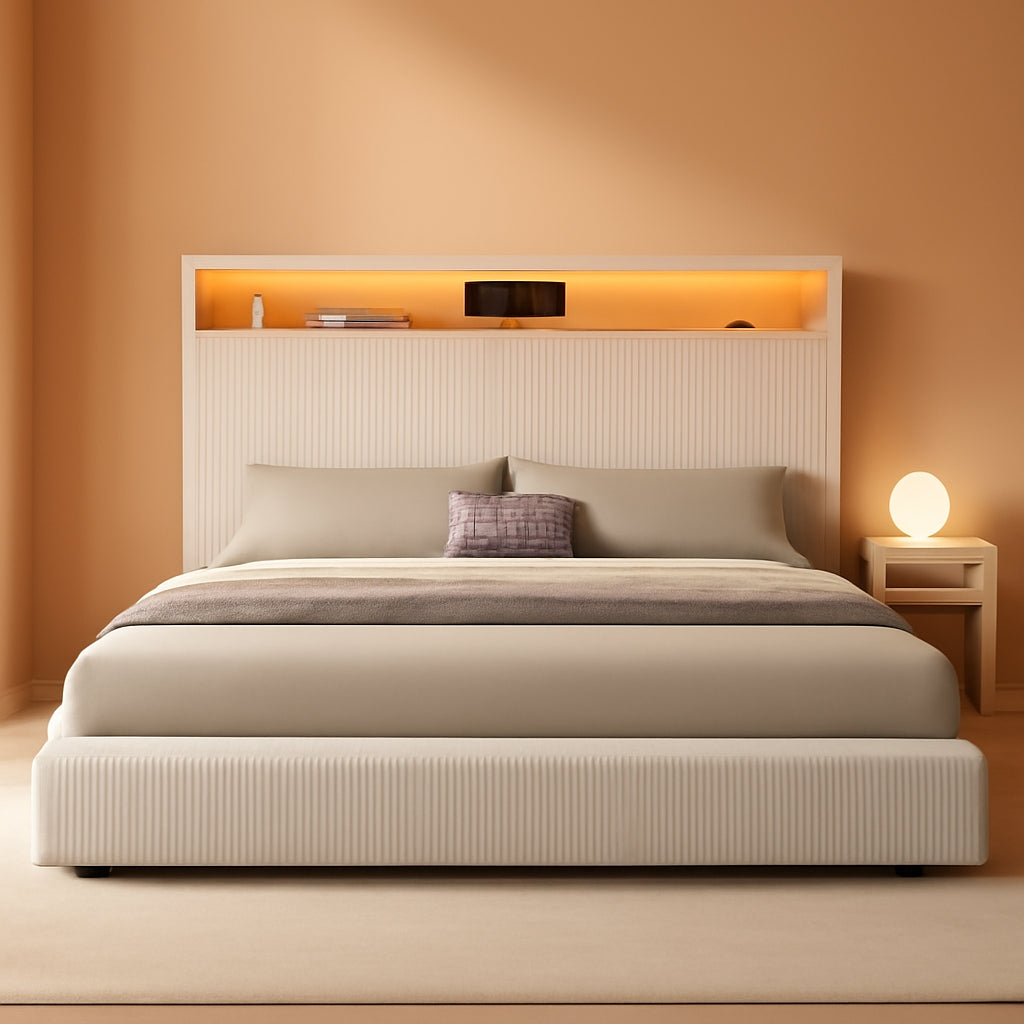King Corduroy Platform Bed With Charging Station And LED Lights