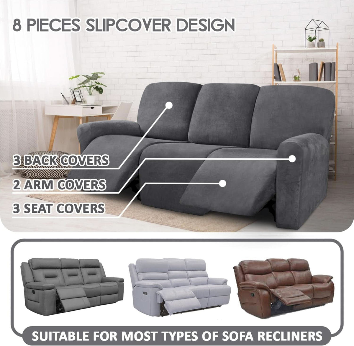 Luxurious Velvet Recliner Sofa Covers Three Seater