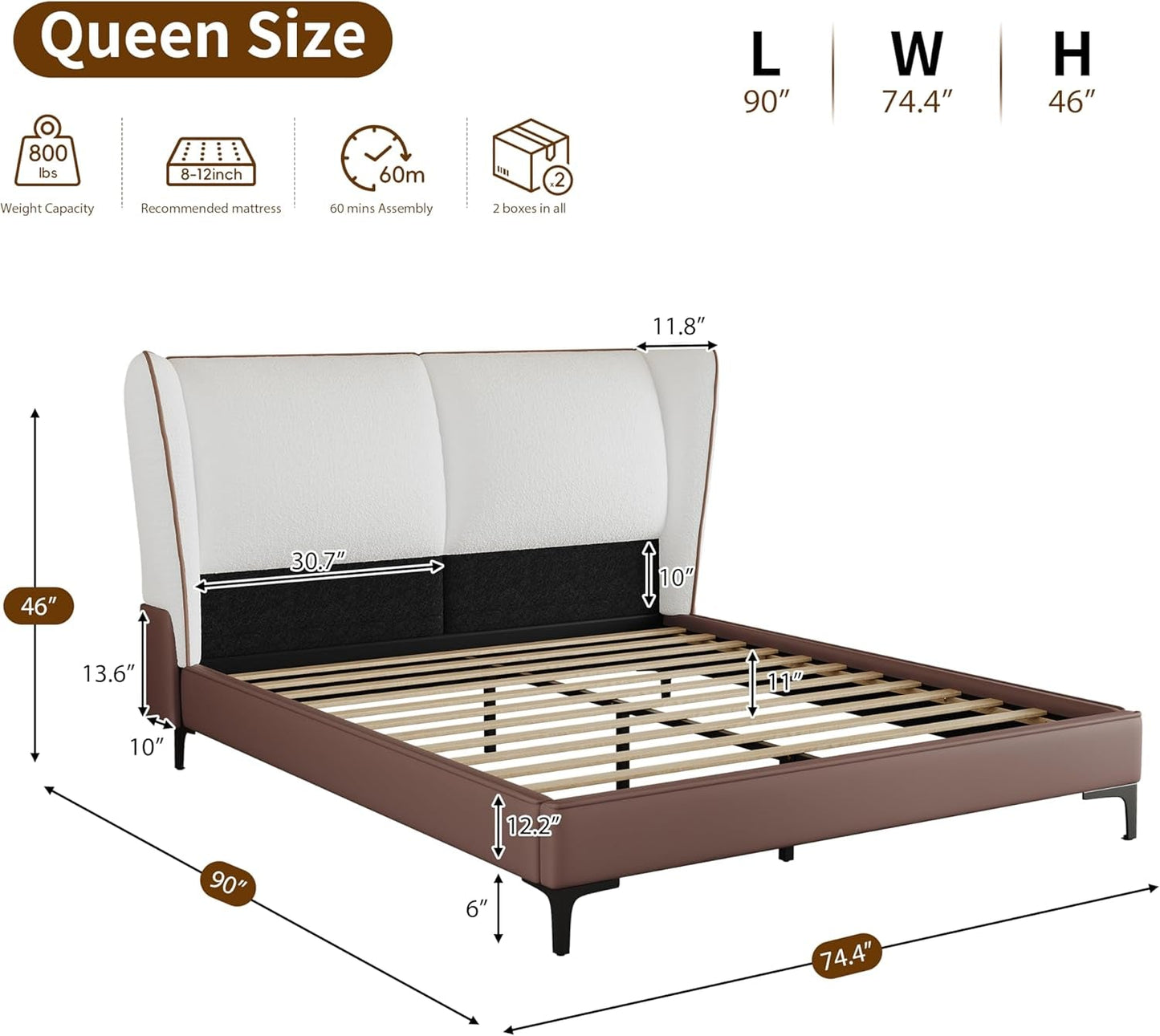 Queen Size White Platform Bed Headboard Wingback Plush