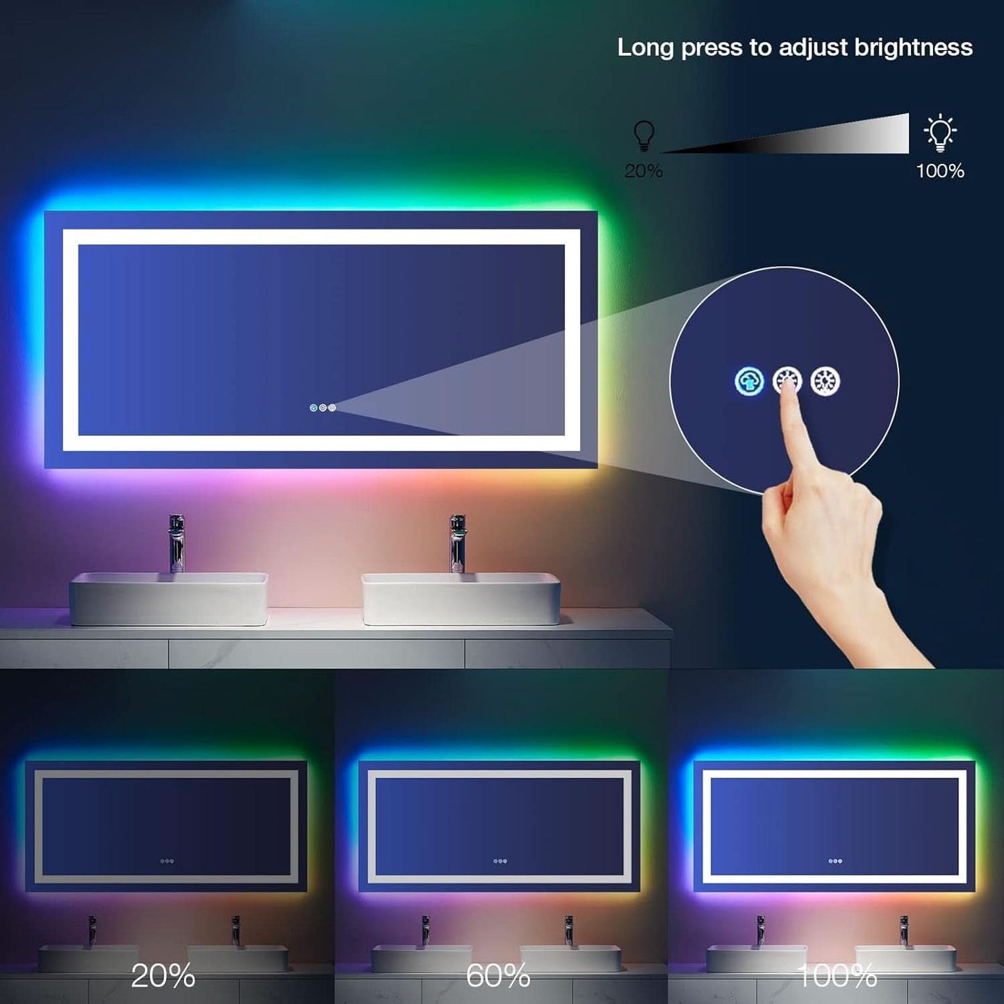 60x30 Inch RGB Dimmable LED Vanity Mirror Anti Fog Back lit