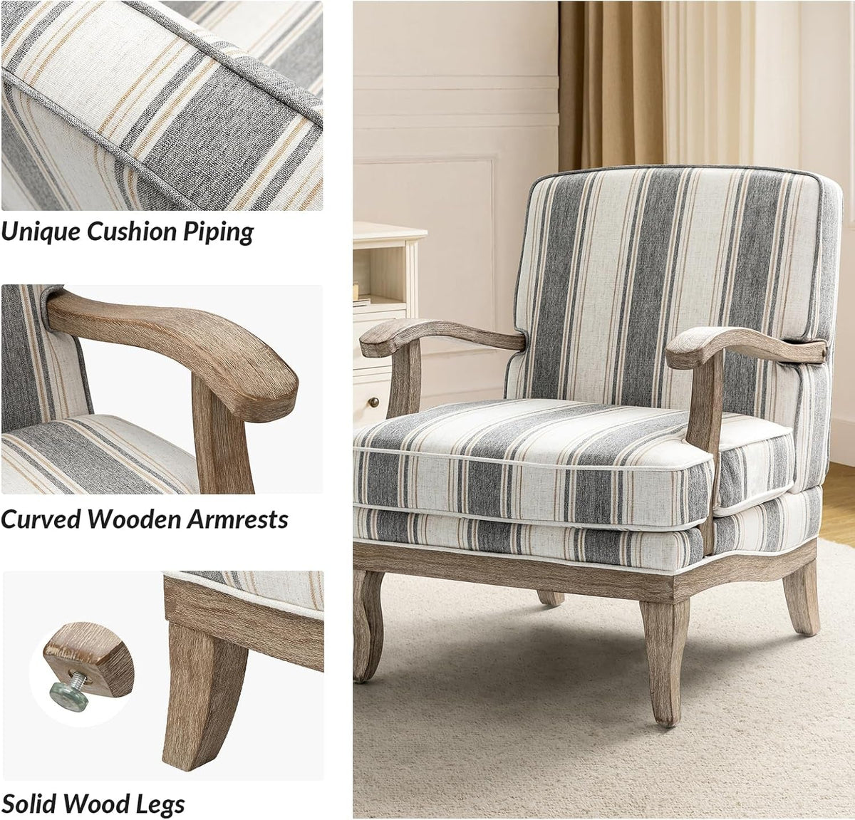 Patterned Upholstered Accent Chair With Wooden Base