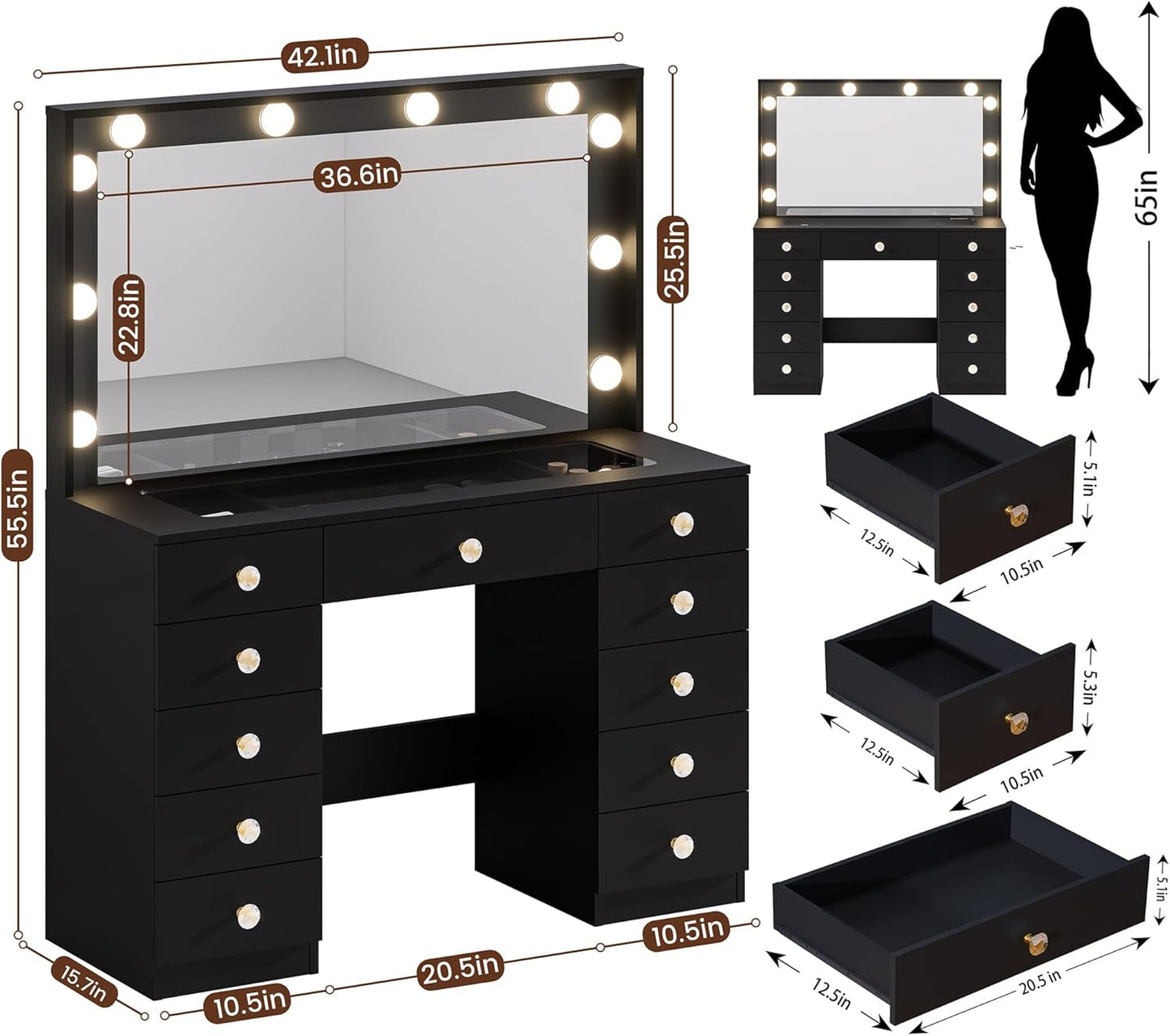 42-Inch Vanity Table Featuring Ultra LED Lighting Black