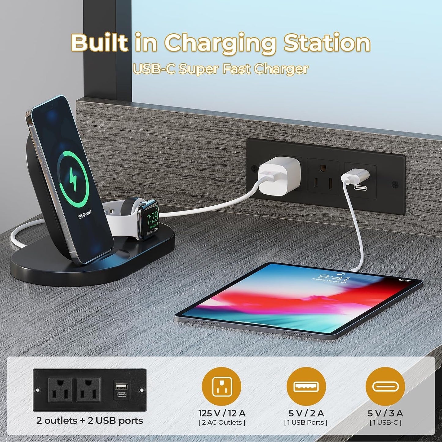 Twin Over Full Bunk Bed With Desk Charging Station Led Lights Grey