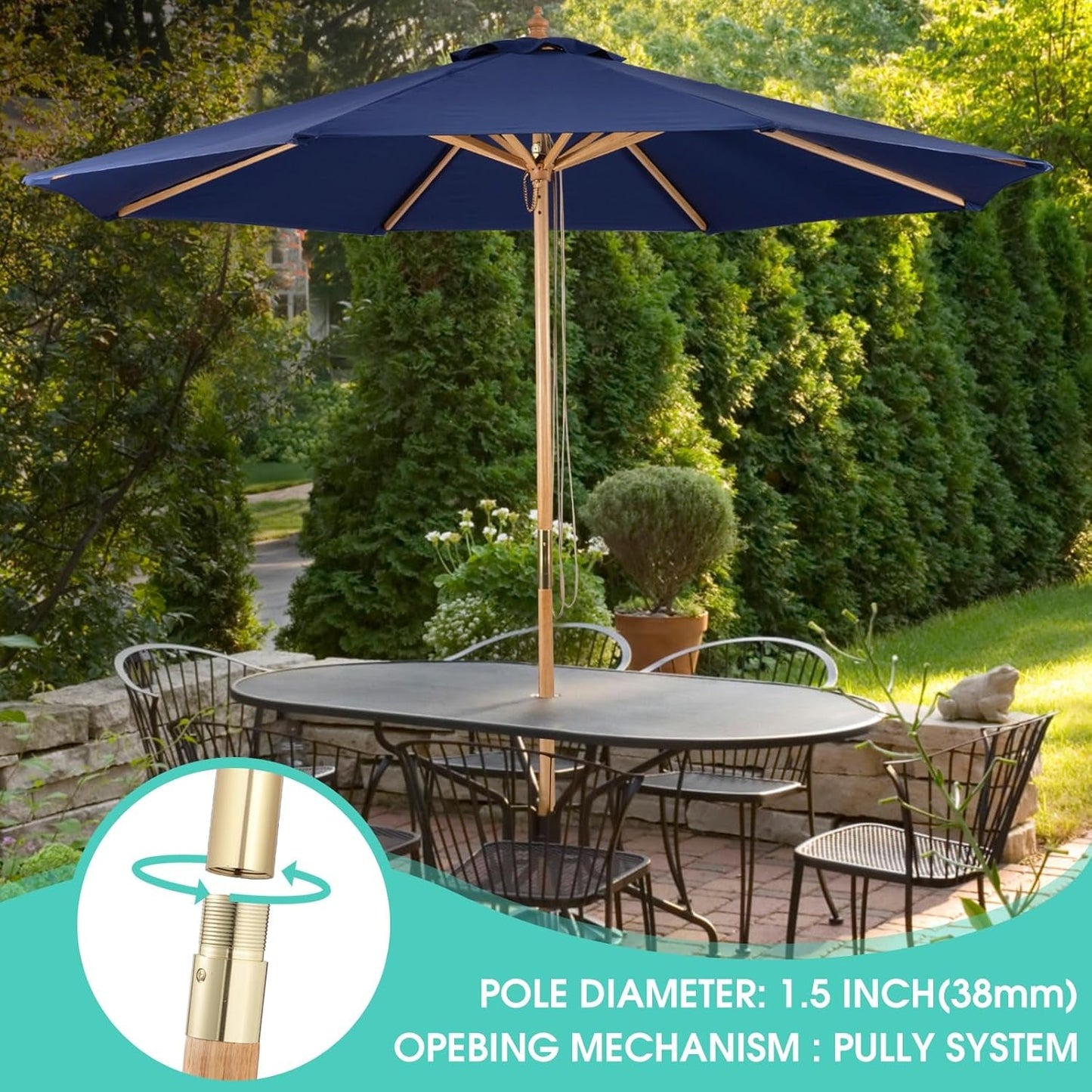 9ft Bamboo Outdoor Patio Umbrella Pulley Lift Market Umbrella