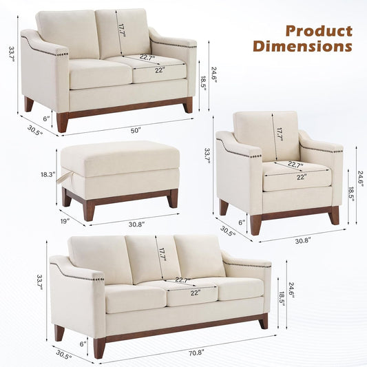 Beige ThreeSeater Upholstered Sofa With Nailhead Trim-1