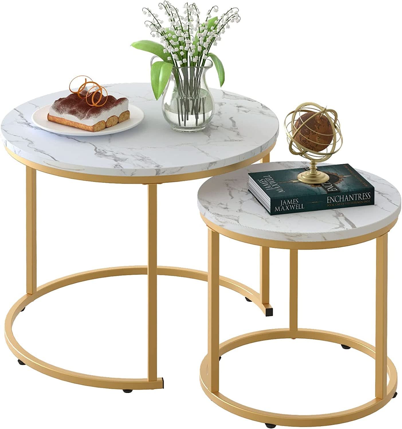 White Nesting Circular Coffee Tables Marble Pattern