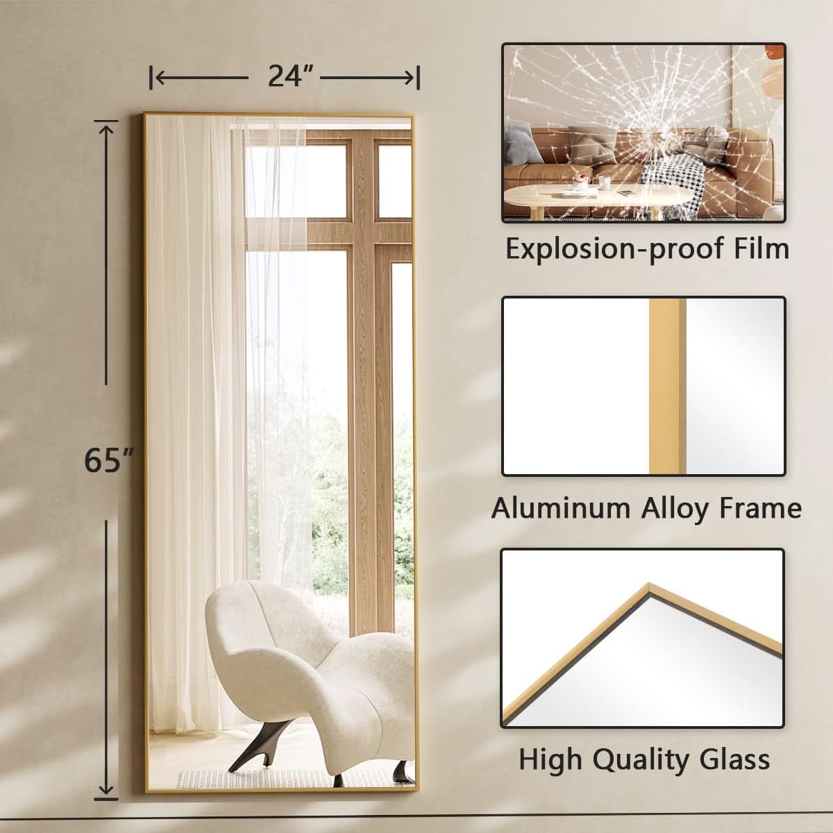 65 Inch Floor Mirror With Gold Frame