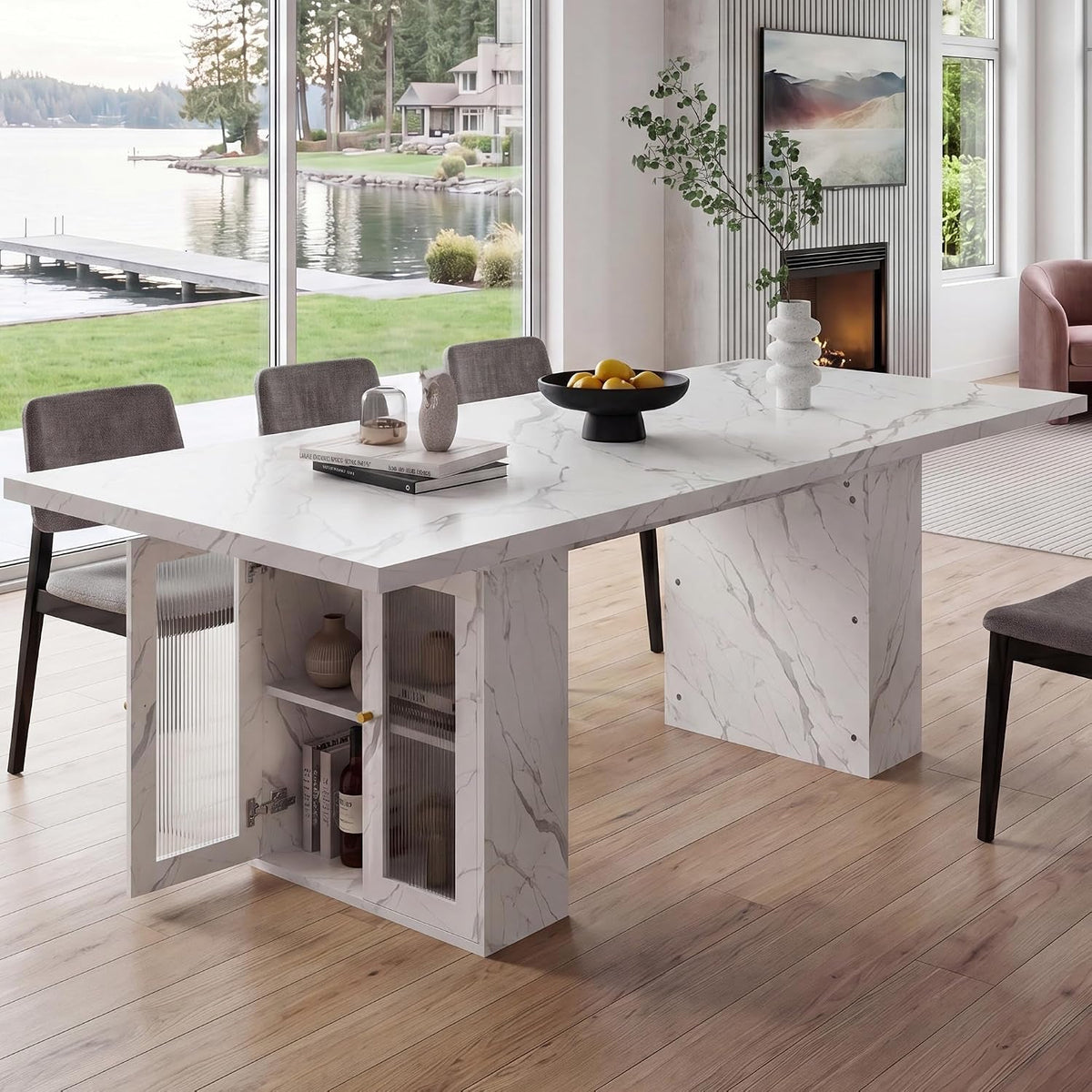 Extendable Dining Table White Marble Storage Compartment