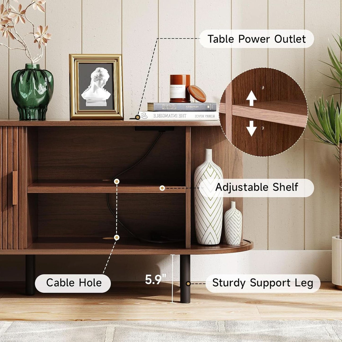 Walnut 63 Inch TV Stand With Entertainment Center Storage