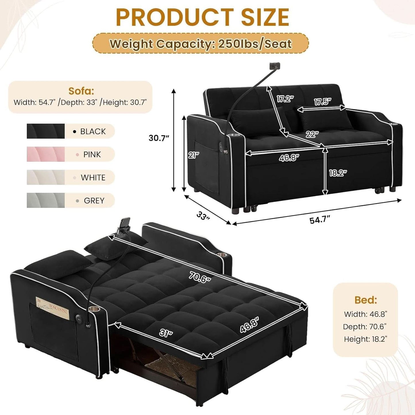 Black Velvet Luxe Sleeper Sofa Bed USB Charging Port