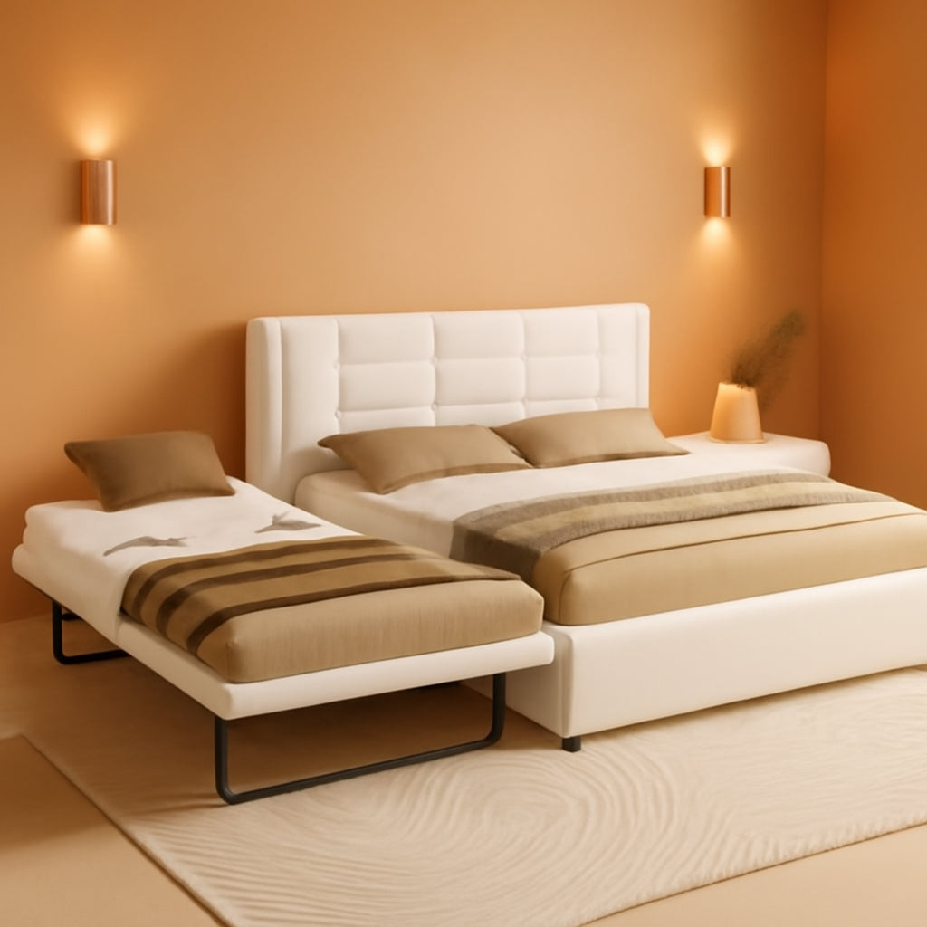 Beige Full Size Upholstered Platform Bed With Trundle