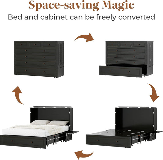 Queen Murphy Bed Cabinet Contemporary Black Finish