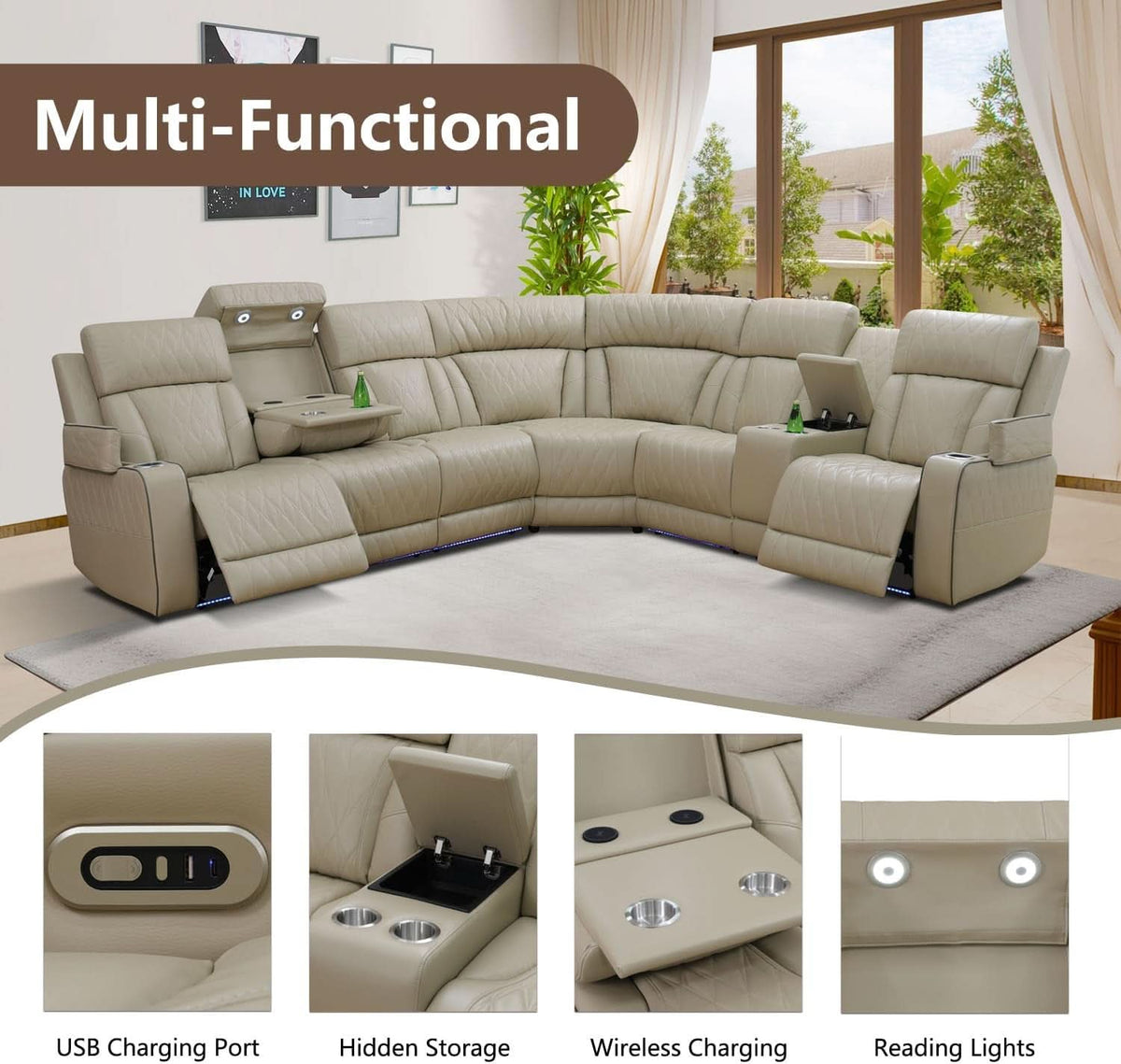 Beige Genuine Leather Power Recliner Sectional LED