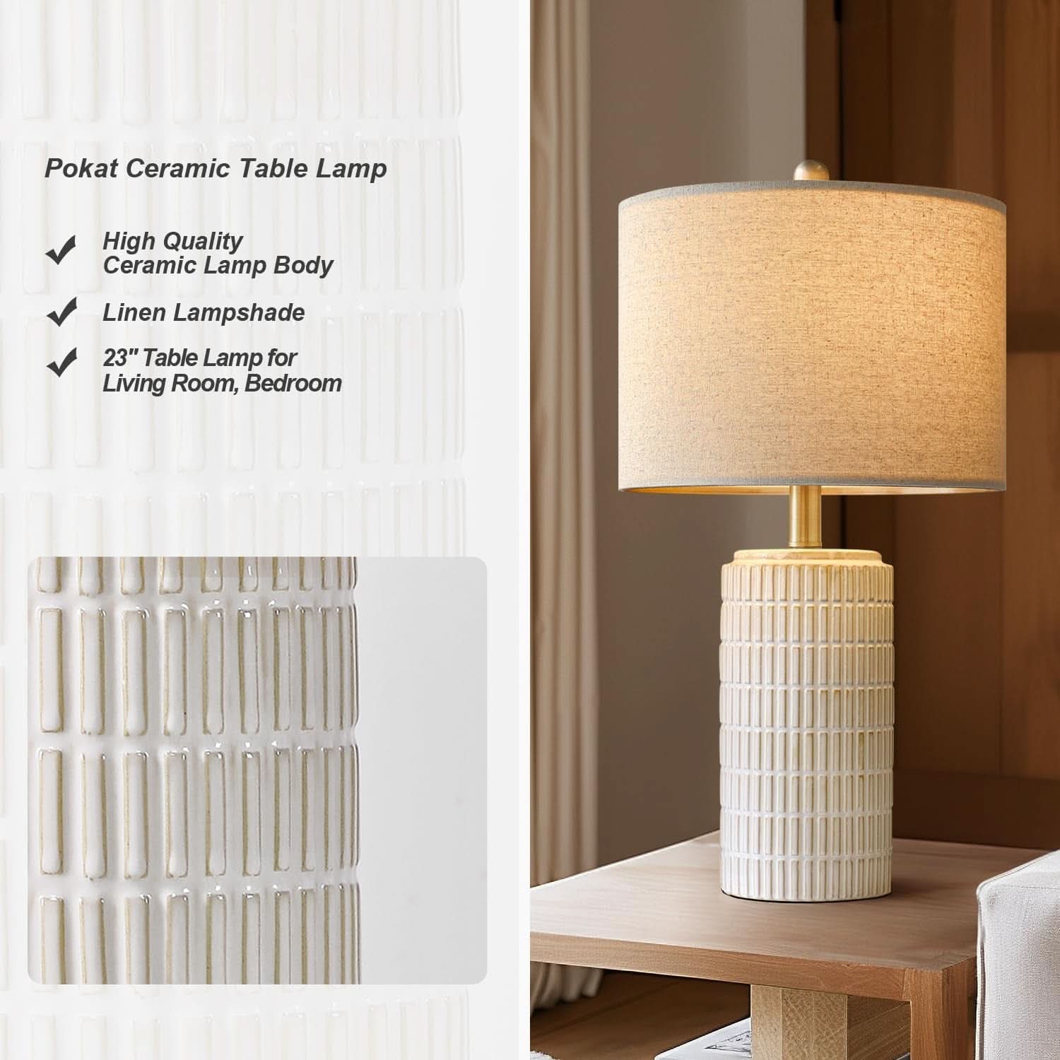 23 Inch Modern Ceramic Table Lamps Set Of 2 White And Beige-3