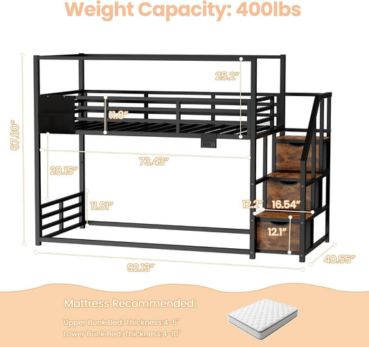 TwinOverTwin Black Metal Bunk Bed With StorageDrawers