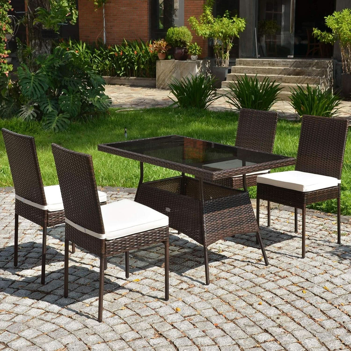 5 Piece Outdoor Patio Wicker Dining Set With Tempered Glass Table
