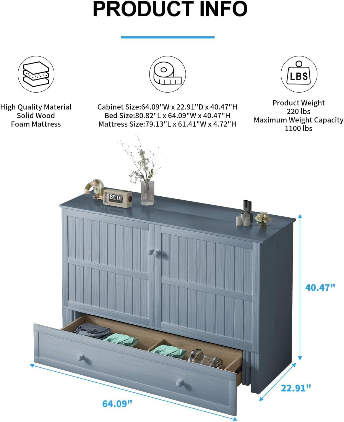 Queen Murphy Bed Cabinet With USB Storage Drawer With USB Charging-2