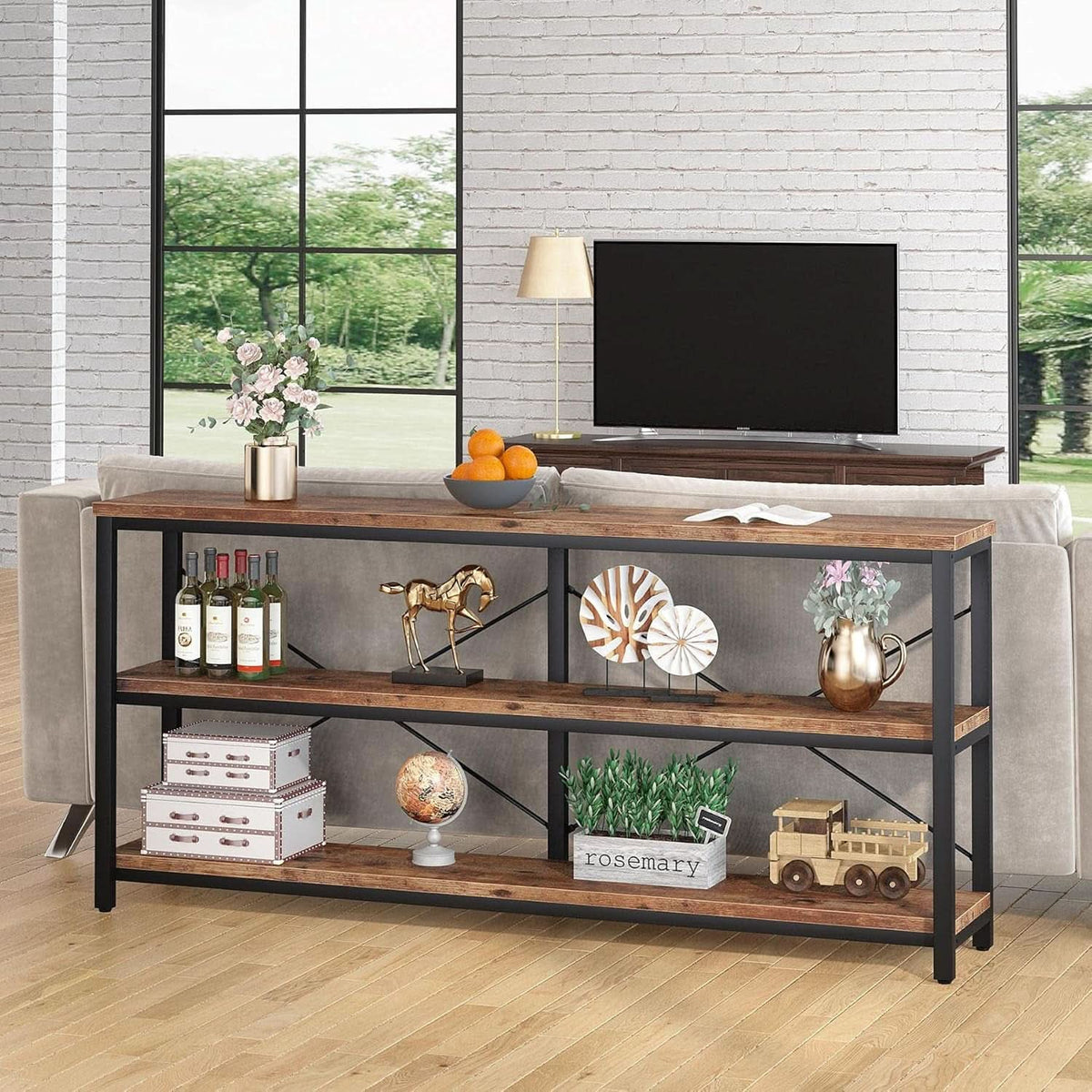 70 Inch Weathered Rustic Brown Sofa Console Table Three Tier
