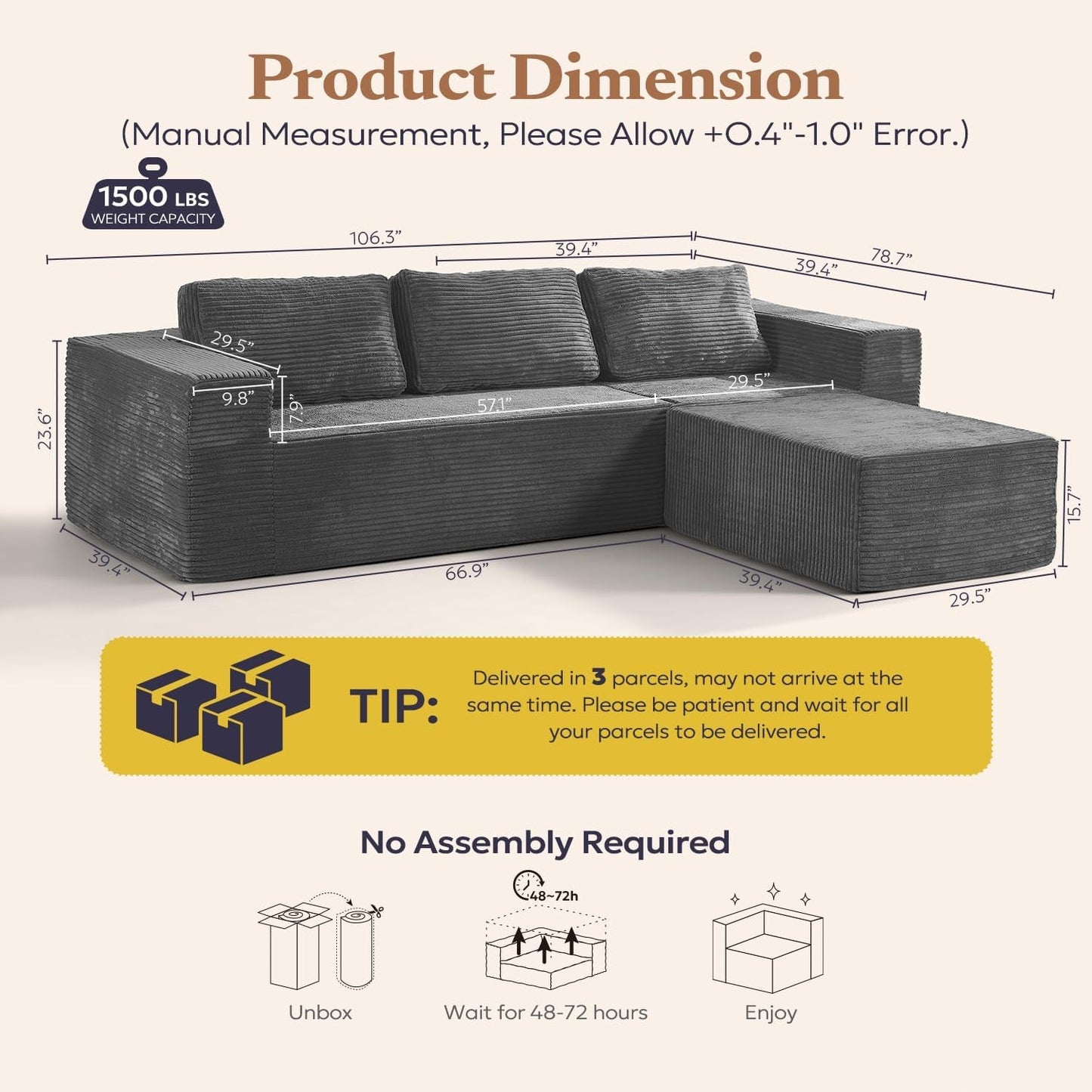 106 Inches Modular Sectional Sofa Right Facing Grey