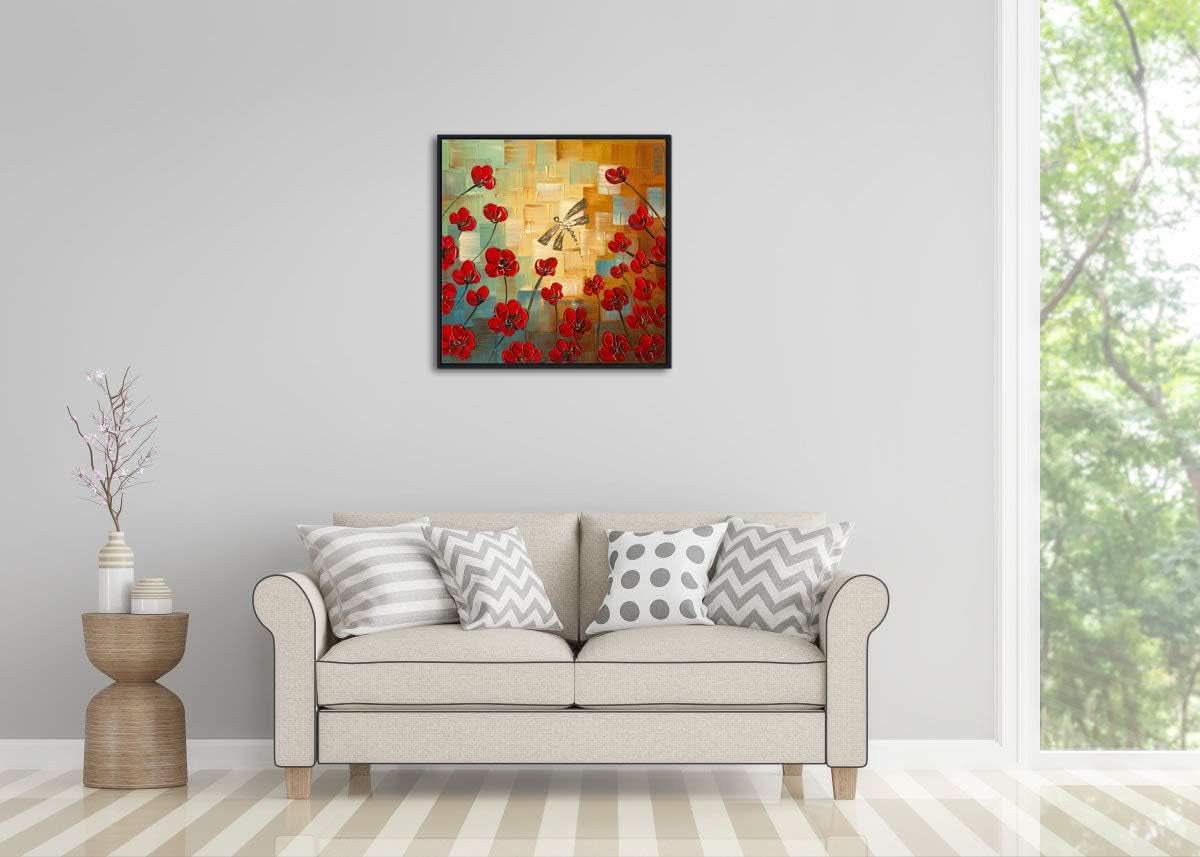 Framed Dragonfly Floral Impressionist Canvas Wall Art