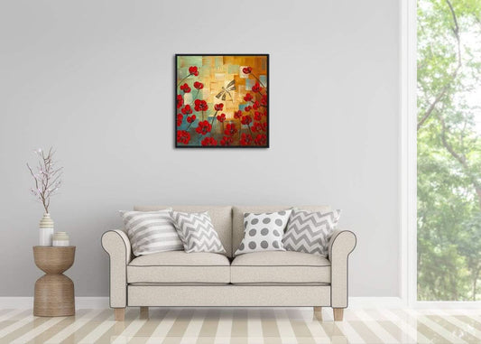 Framed Dragonfly Floral Impressionist Canvas Wall Art