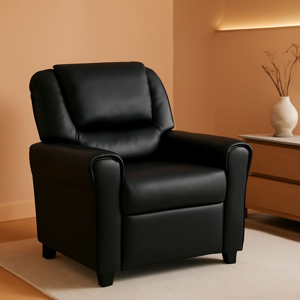 Kids Leathersoft Recliner With Cup Holder And Safety Recline Black