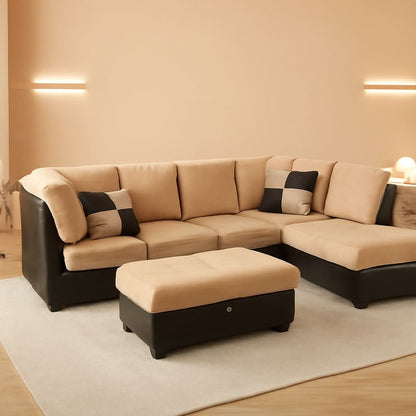 Beige 105 Inch L Shaped Sectional Sofa With Storage Ottoman