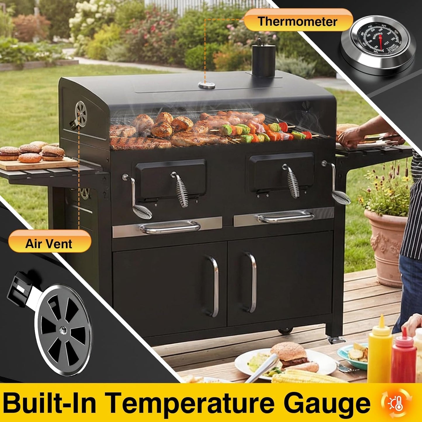63Inch Cabinet Charcoal Grill Smoker With FoldingTables