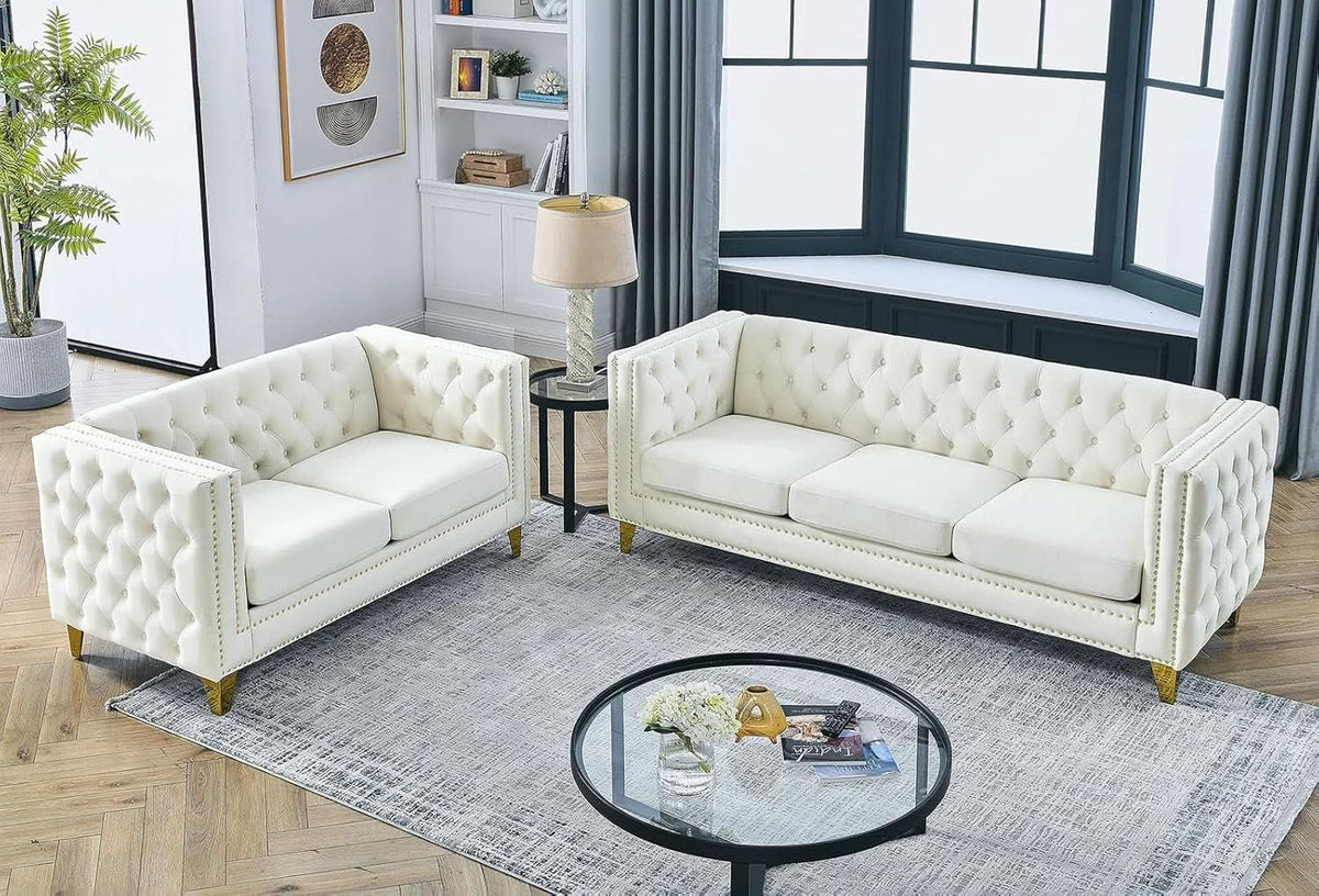 Velvet Beige 80-Inch Sofa Set With 58-Inch Loveseat And Gold Nail Heads