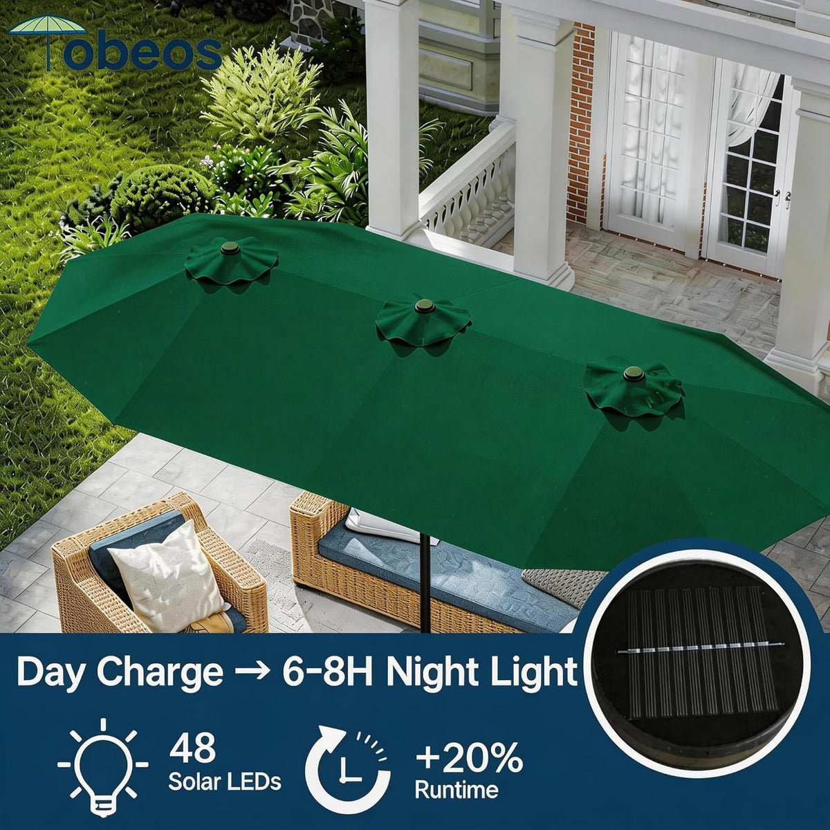 15 Foot Solar LED Double Sided Outdoor Umbrella With Base