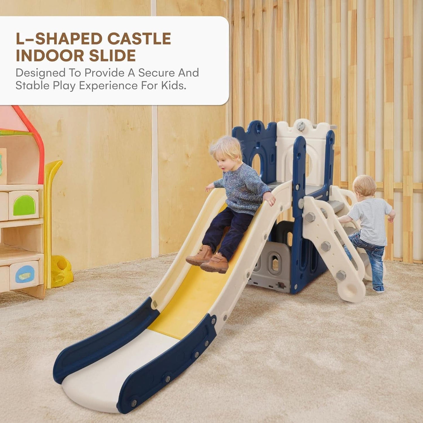 Toddler Playhouse With Slide Freestanding Blue Yellow