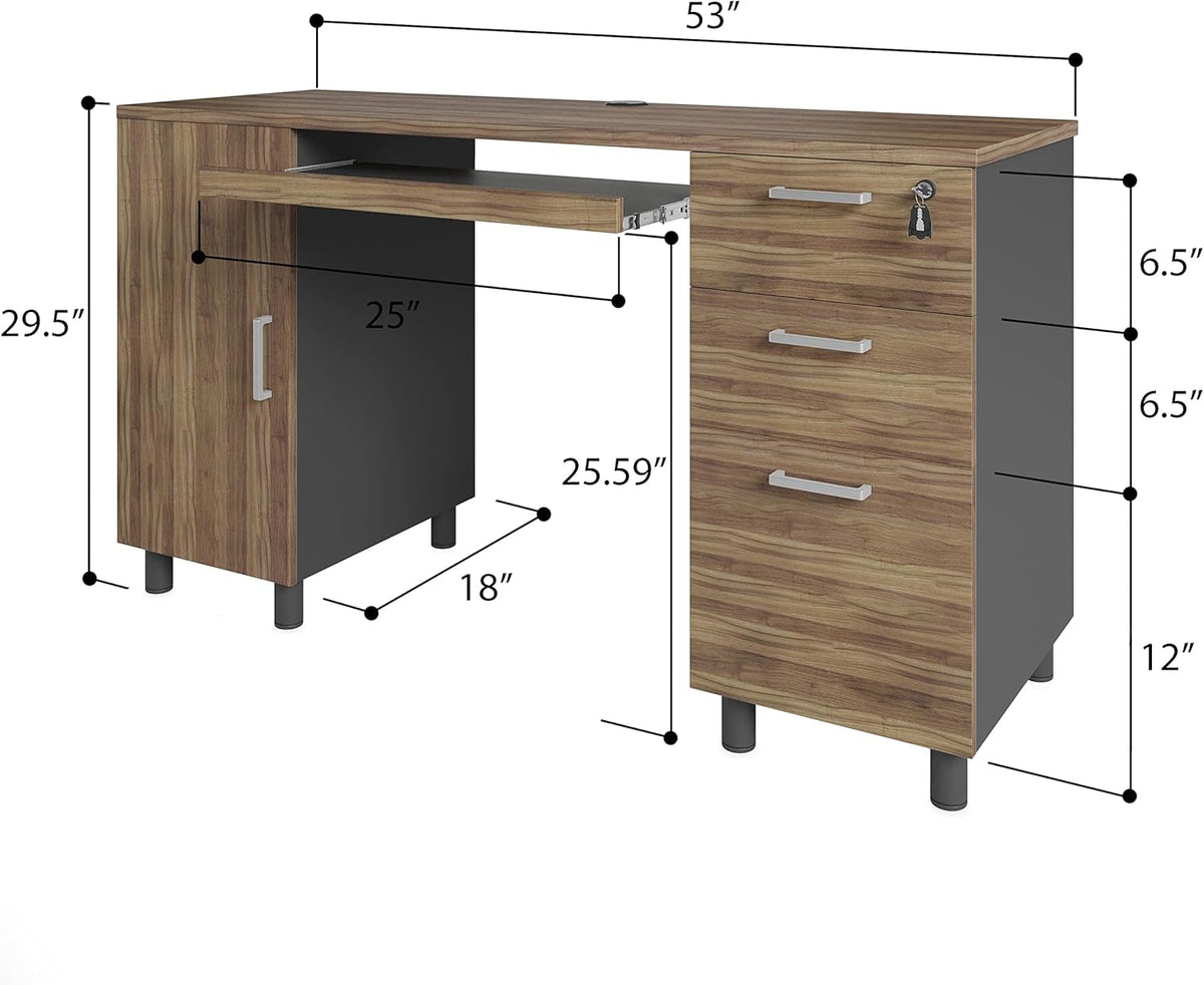 Walnut 53 Inches Workstation Desk Lockable Drawers