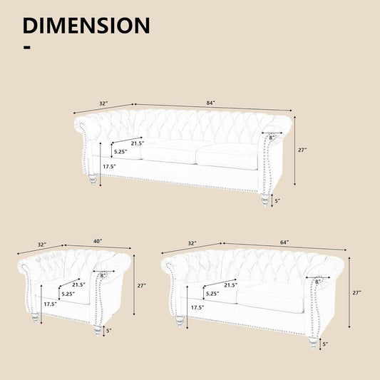 3 Piece Velvet Living Room Set Sectional Chesterfield Sofa Upholstered Loveseat And Chair