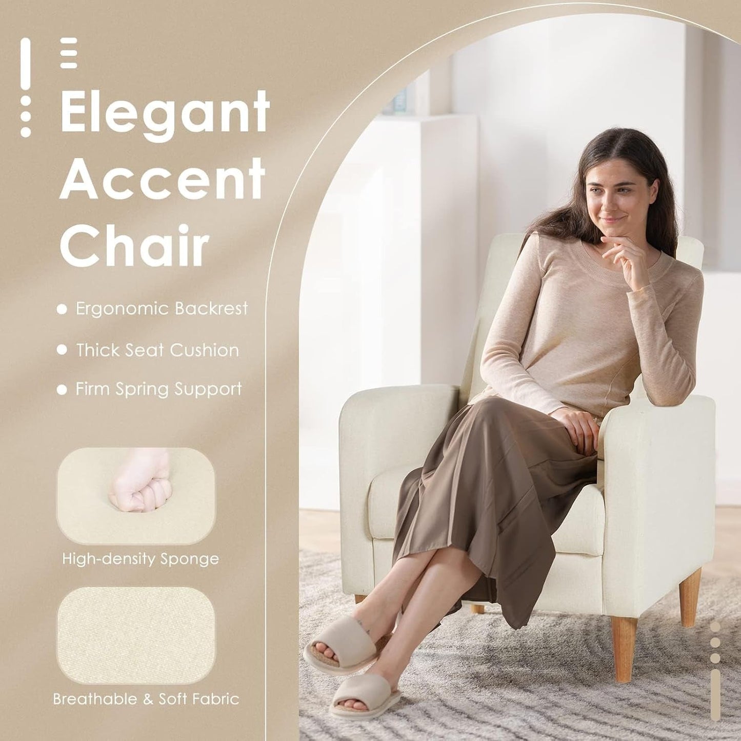 Beige Upholstered Accent Chair With Ergonomic Back