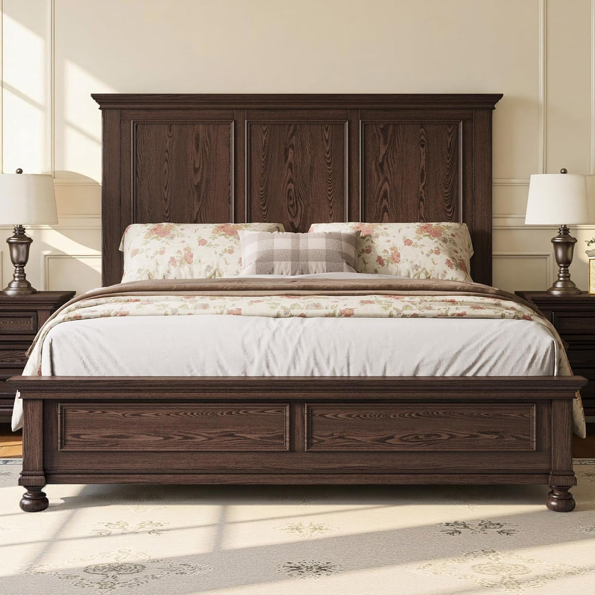 Solid Pine King Platform Bed Frame 65.2In Headboard
