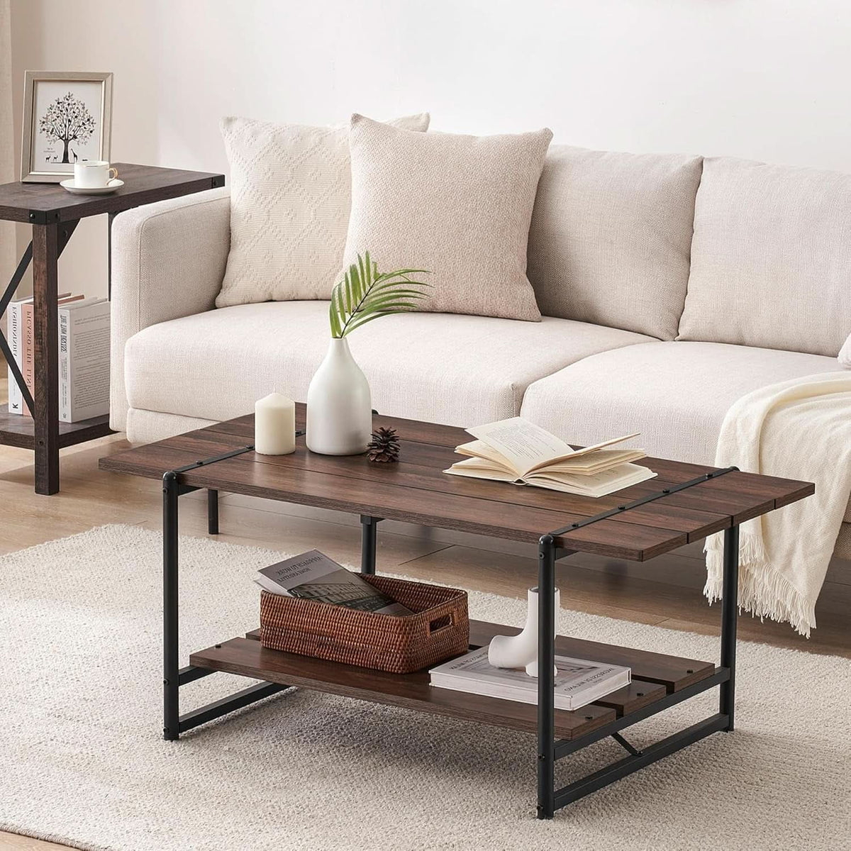 Two Tier Walnut Coffee Table Industrial Living Room