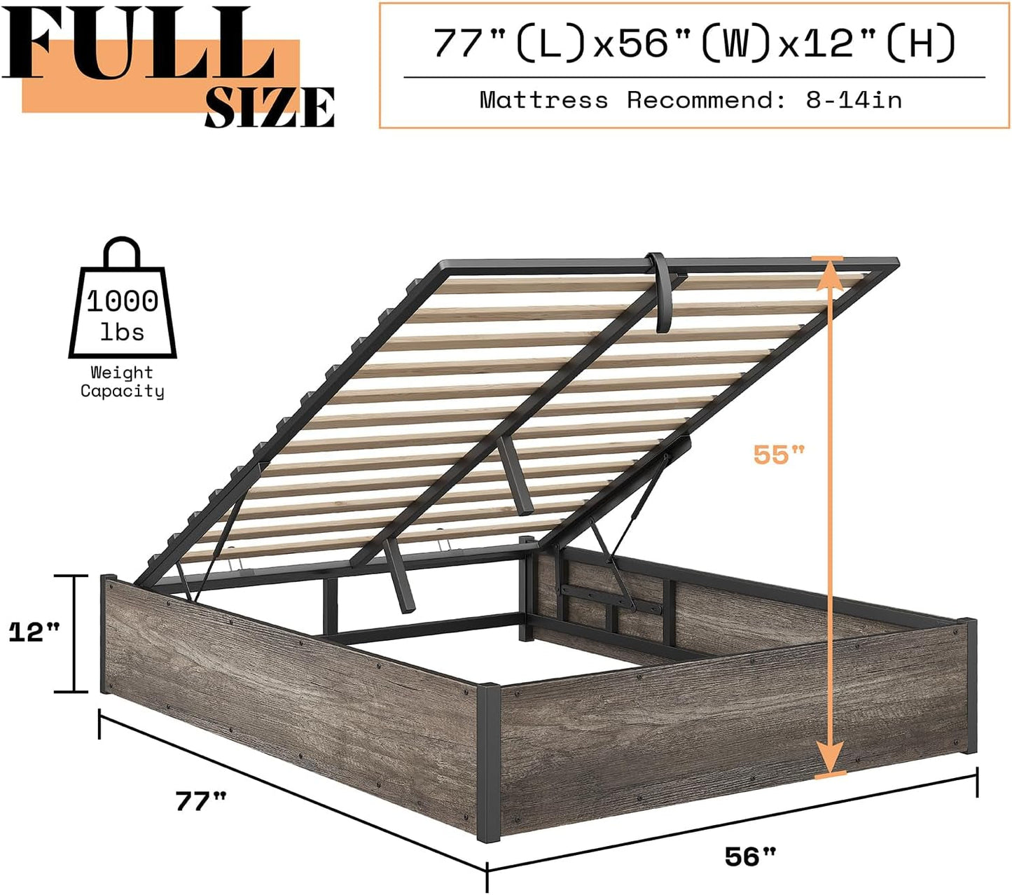 Full Sized Industrial Underbed Storage Bed Frame Lift