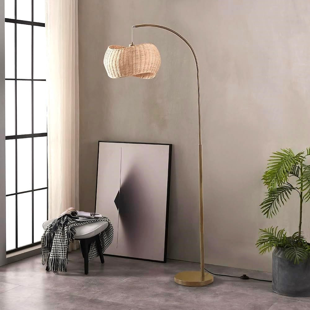 Brass Wave Arc Floor Lamp Handwoven Wicker Shade Aura
