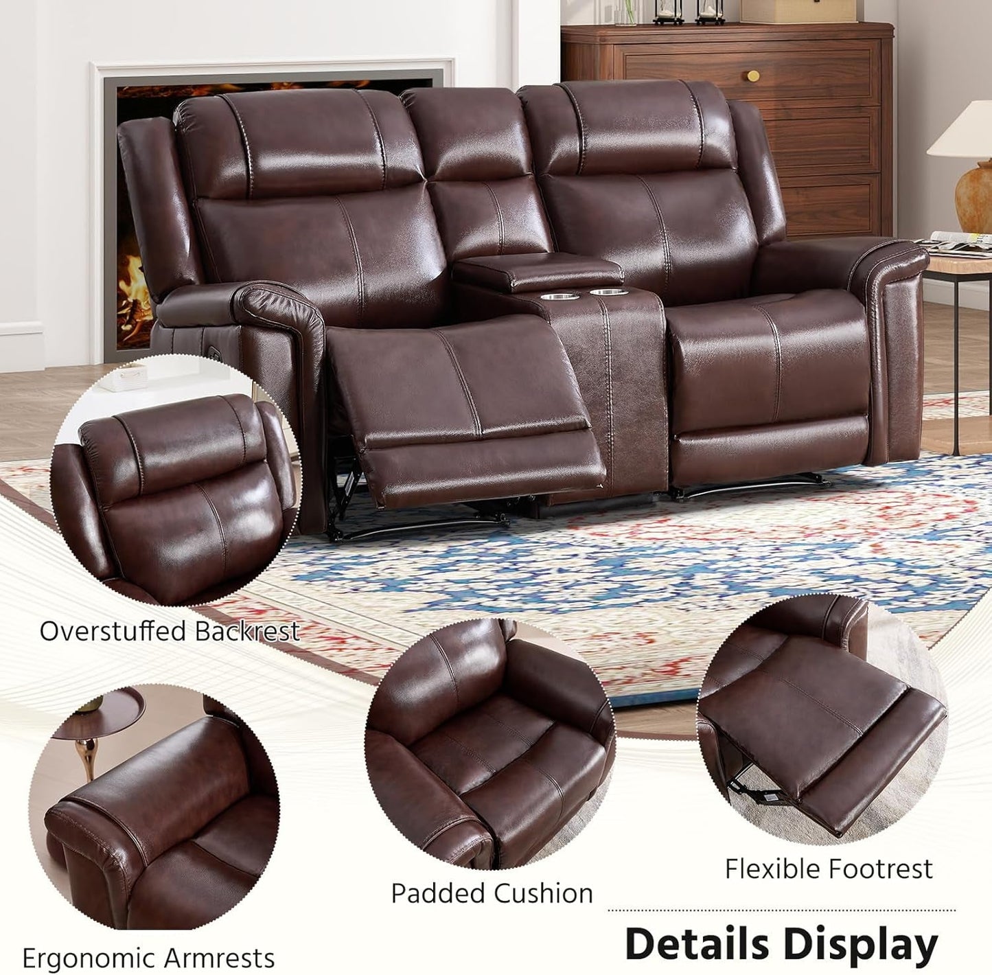 Genuine Leather Manual Overstuffed Loveseat Recliner Brown