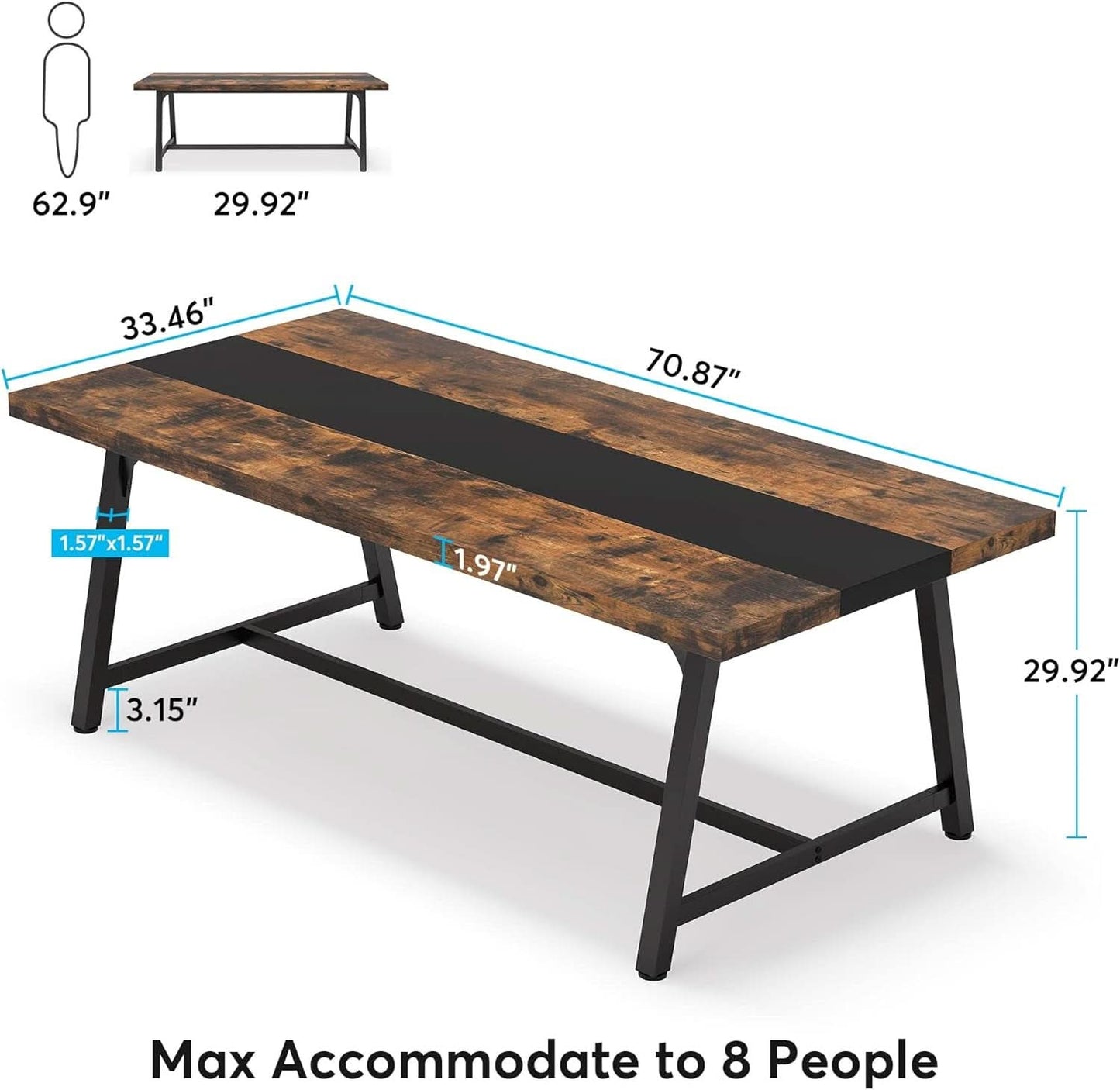 Dining Table For 8 70.87 Inch Rectangular Wood Metal Frame