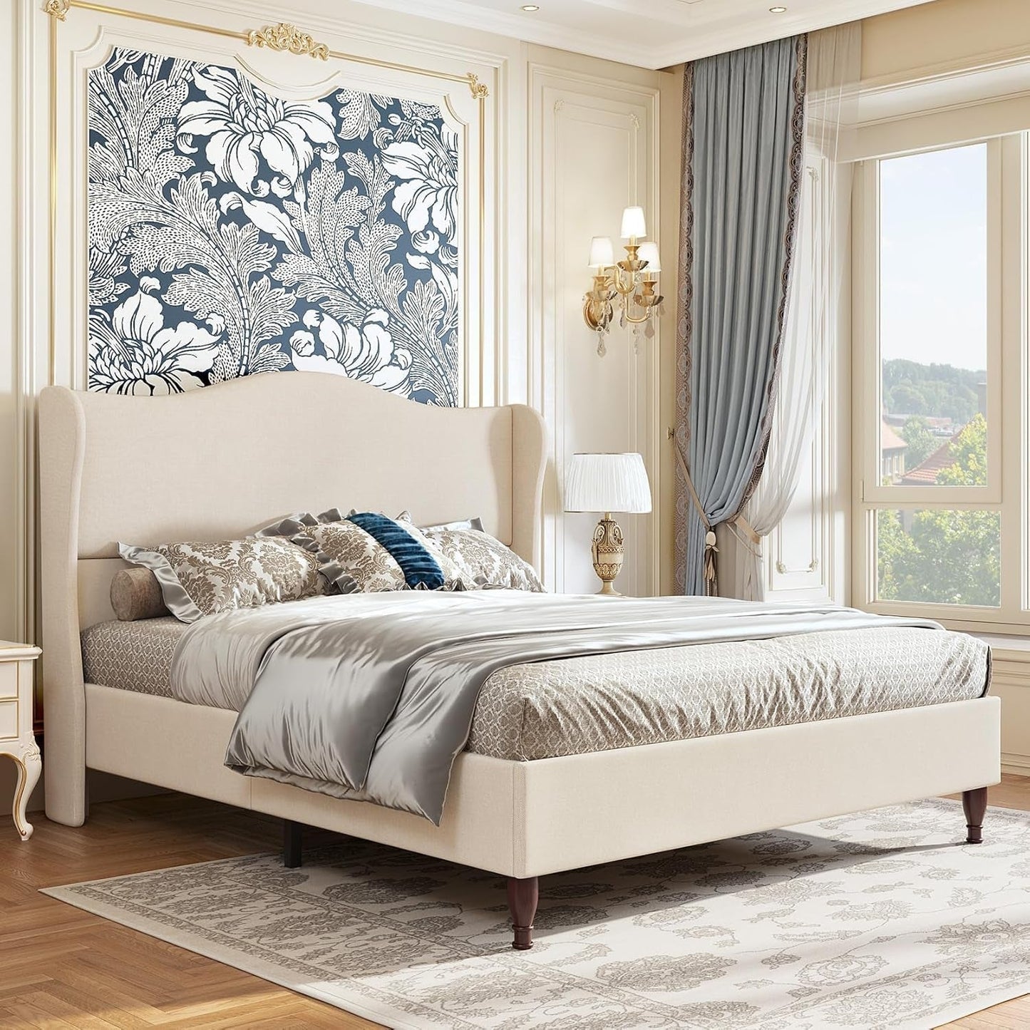 Queen Size Upholstered Platform Bed Beige Wing back