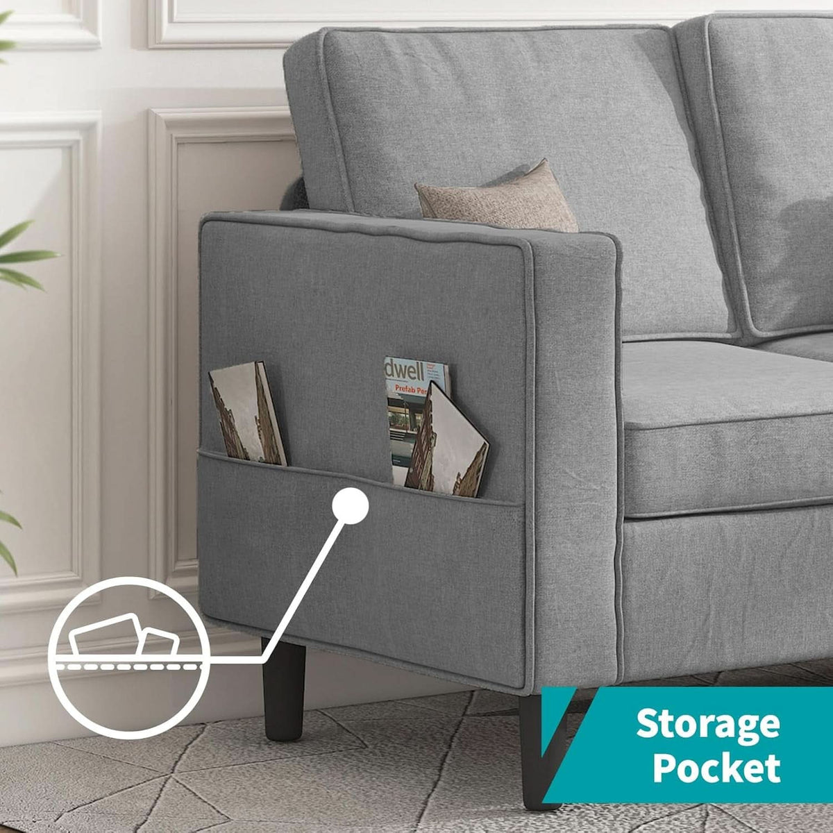Light Grey Living Room Sofa Set With Movable Ottoman-3