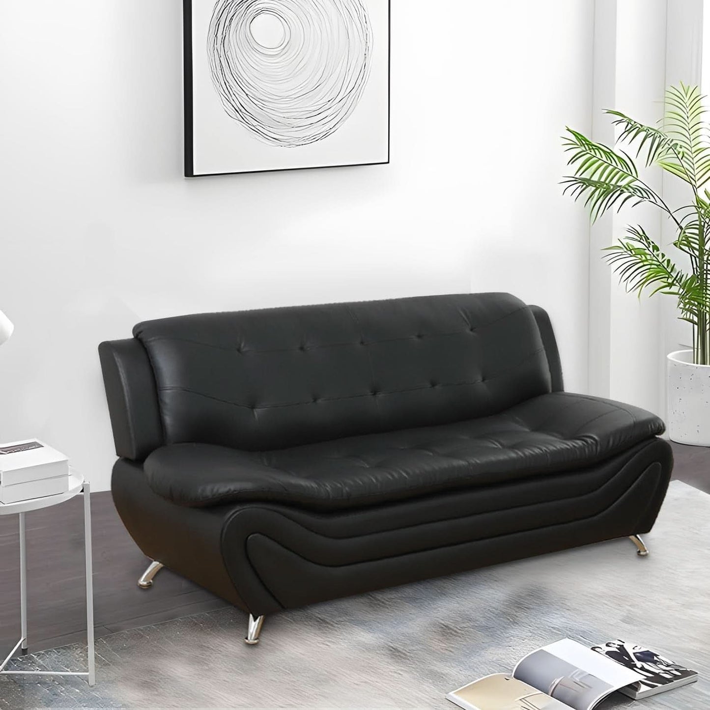 3 Piece Faux Leather Sofa Set For Living Room Black 3 Seater Sofa Loveseat Armchair